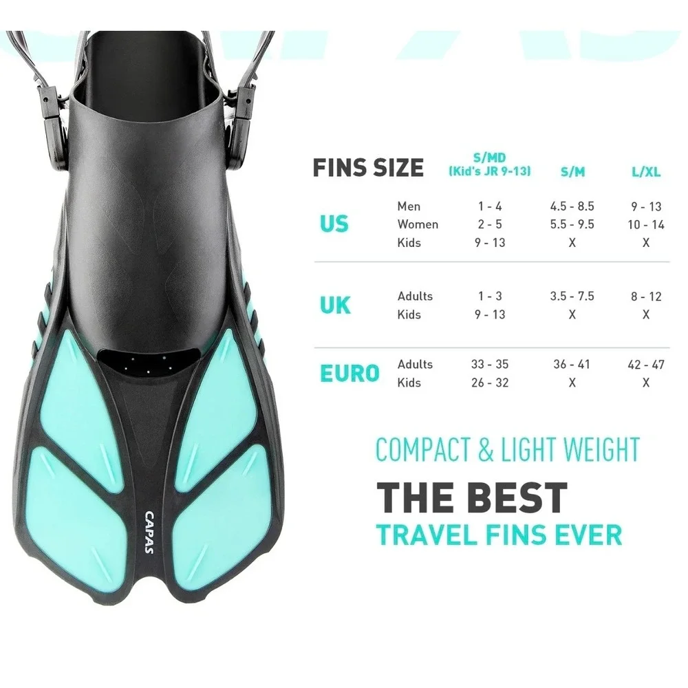 CAPAS Snorkel Fins Black Teal Open‎ Heel Adjustable Travel Flippers S/MD JR 9-13